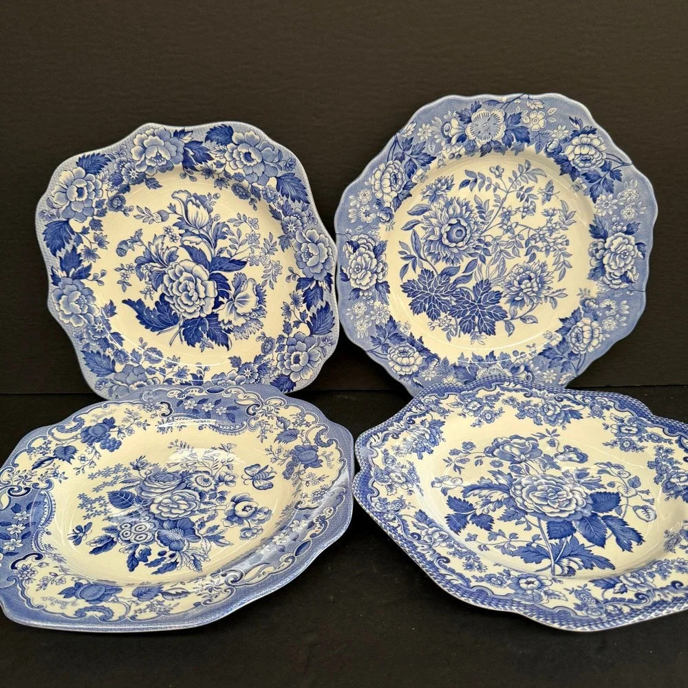 Vintage Spode Blue Room British Flowers Collection Set of 4 Plates Blue 10.5in